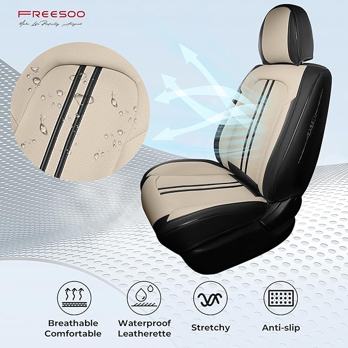 FREESOO Car Seat Covers Full Set, Leather Seat Covers for SUV, Beige Black Car Seat Covers Front Seats and Back, Waterproof Car Seat Cover, Carseat Seat Protectors, Auto Cushion Fit for Most Cars