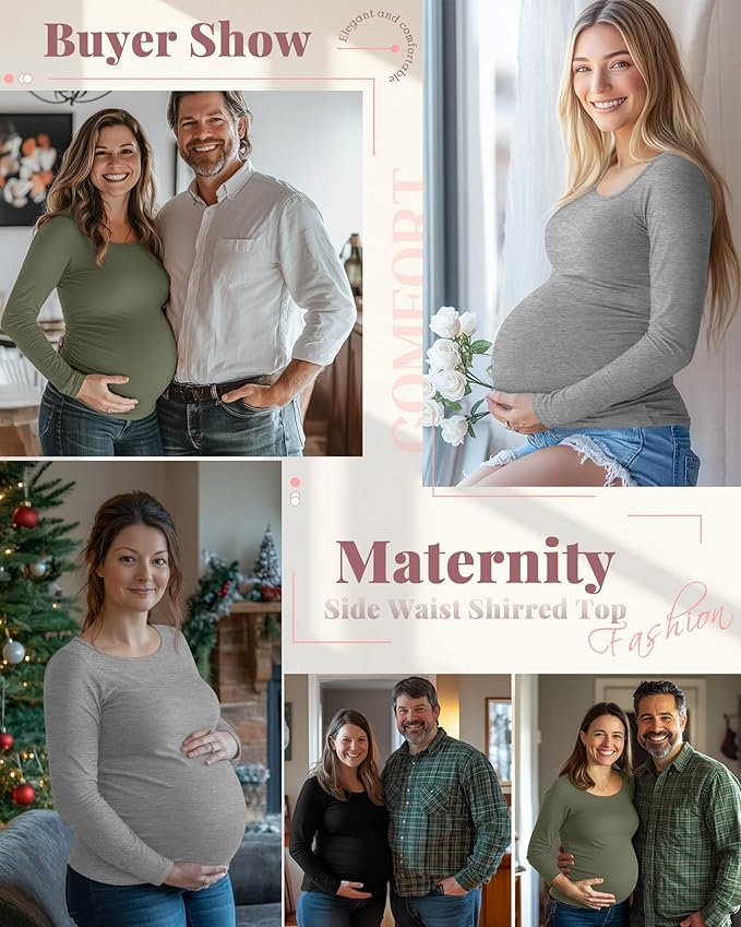 Ficerd 3 Pack Women's Maternity Shirts, Long Sleeve Side Ruched Pregnancy Tee Tops Crew Neck Casual Mama Clothes Basic Tunic