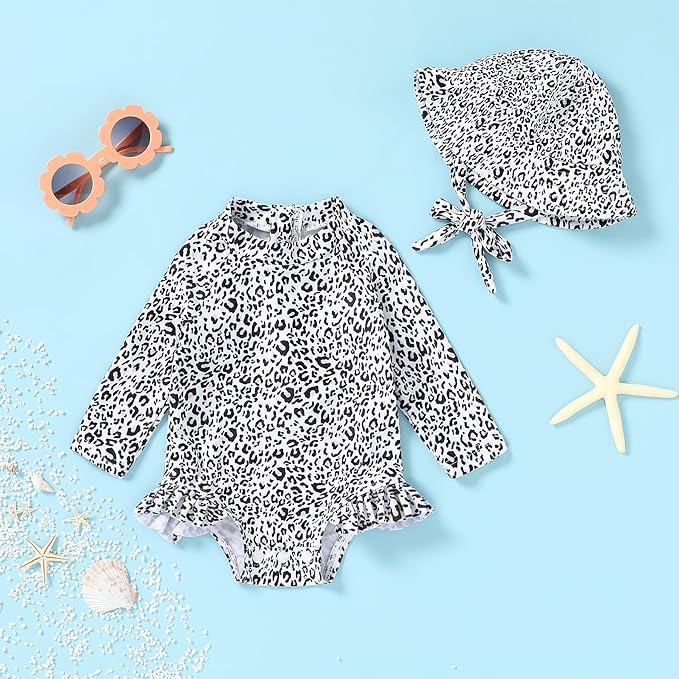 Infant Baby Girl Swimsuit One-Piece Long Sleeve Rash Guard with Hat Set Floral Zipper Bathing Suit Leopard Beach Wear