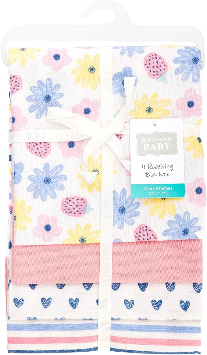 Hudson Baby Infant Girls Cotton Flannel Receiving Blankets 4-Pack, Flowers And - Image 2