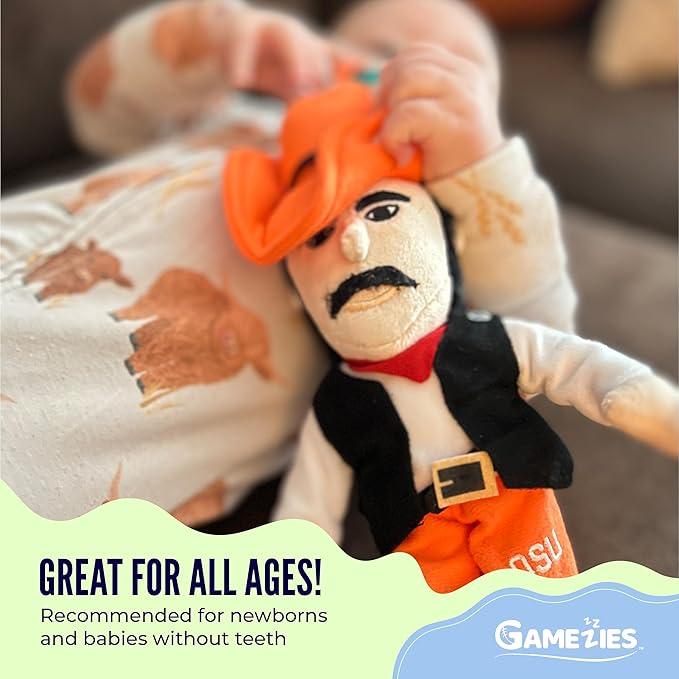 Gamezies Baby Boy and Girl Silicone Pacifier with College Mascot Stuffed Toy Plush, Collegiately Licensed, Pistol Pete, Oklahoma State University CPSIA Tested, BPA-Free 0-6 Months