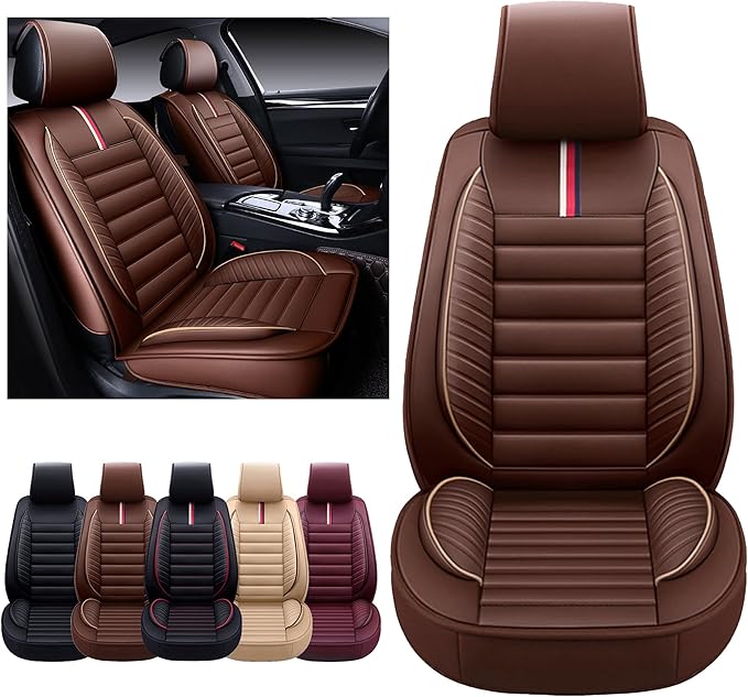 OASIS AUTO Car Seat Covers Premium Waterproof Faux Leather Cushion Universal Accessories Fit SUV Truck Sedan Automotive Vehicle Auto Interior Protector Front Pair (OS-001 Brown)