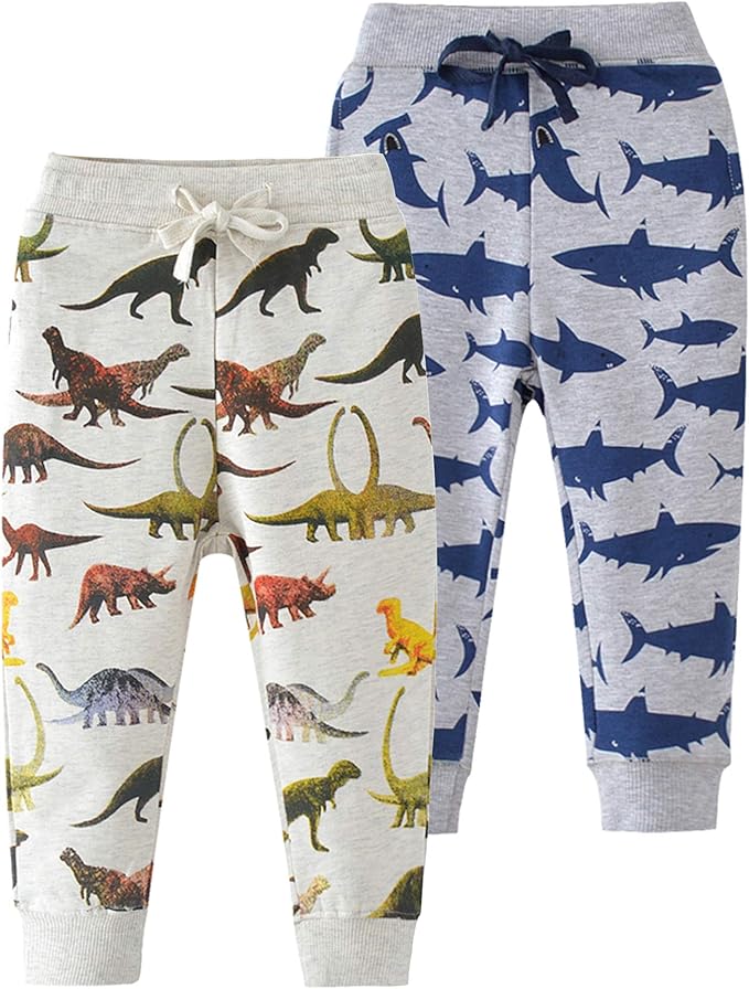 HUAER& Baby Boy's Jogger Pants Dinosaur Car Animal Print Drawstring Elastic Sweatpants 2-Pack