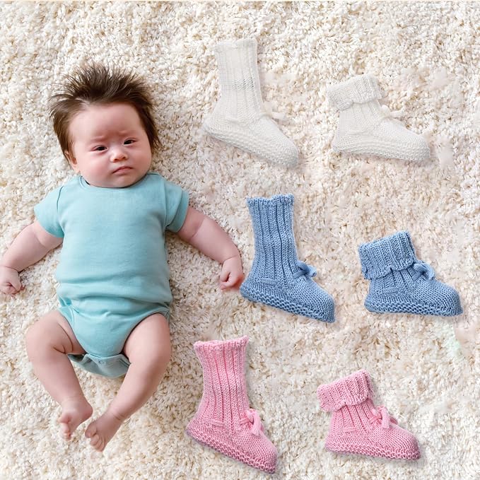 Evervibe 3 Pair Knitted Baby Booties | 100% Cotton, 0-6 Months Newborn - Image 6