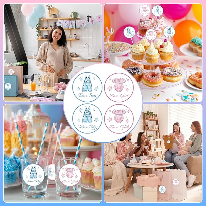 80Pcs Cute Baby Clothes Decal Stickers Roll, 2 inch Team Boy Team Girl Gender Reveal Labels, Pink and Blue Self-Adhesive Decorative Round Stickers for Brithday Baby Shower Party Supplies
