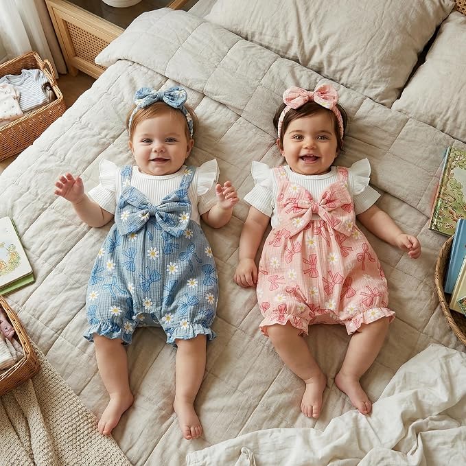 YINGISFITM Newborn Baby Girl Summer Clothes Short Sleeve Bubble Romper Bow - Image 2