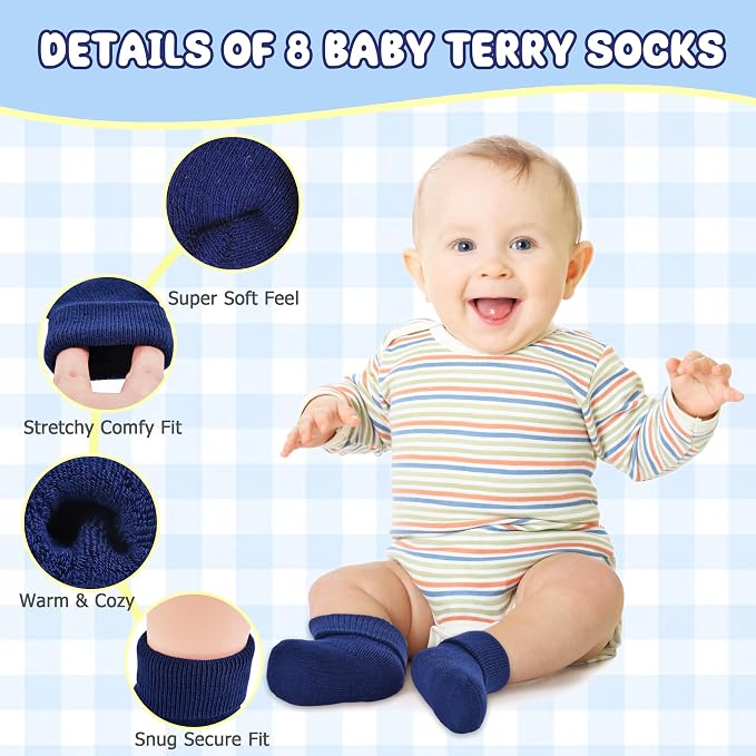 8 Pairs Newborn Socks Thick Cotton Terry Turn Cuff Baby Socks 0-6 Months Cute - Image 2