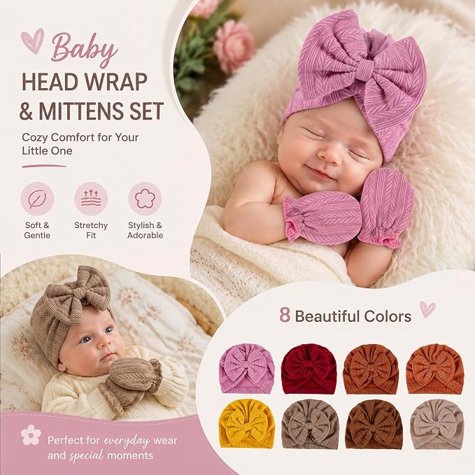8 Sets Newborn Baby Girl Bow Hats and Mittens Turban Beanies 0-3M | Cotton - Image 3