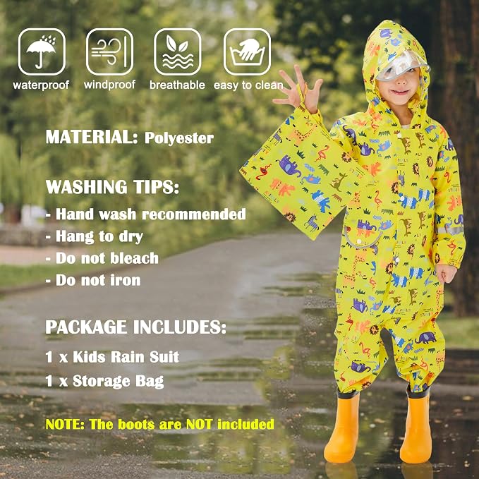 Fewlby Kids Toddler Rain Suit for Boys Girls One Piece Hoodie Zipper Cartoon - Image 3