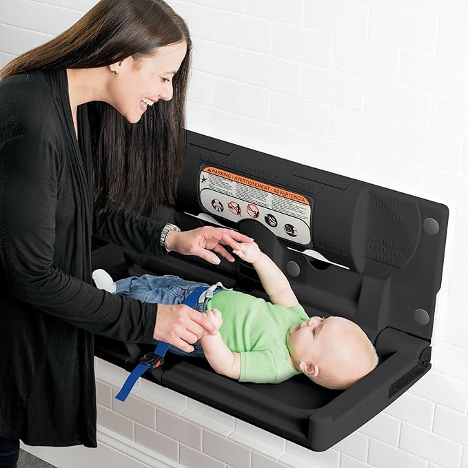 Foundations Classic Horizontal Baby Changing Station w/EZ Mount Backer Plate, Wall Mounted, One Handed Adjustable Safety Strap & Liner Dispenser, Black (100-EH-BP-02)
