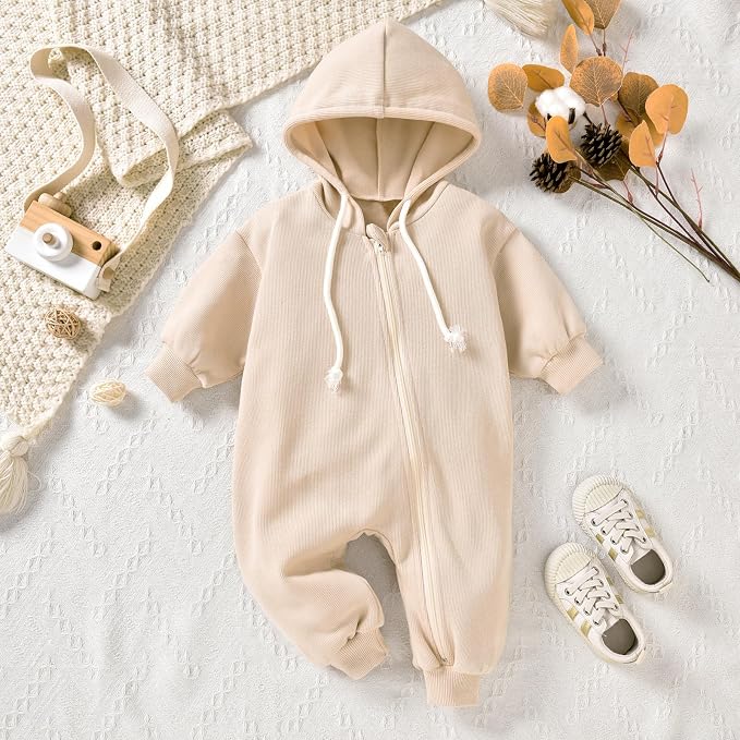 Unutiylo Unisex Baby Boys Girls Long Sleeve Infant Baby Zipper Hooded Jumpsuits - Image 3