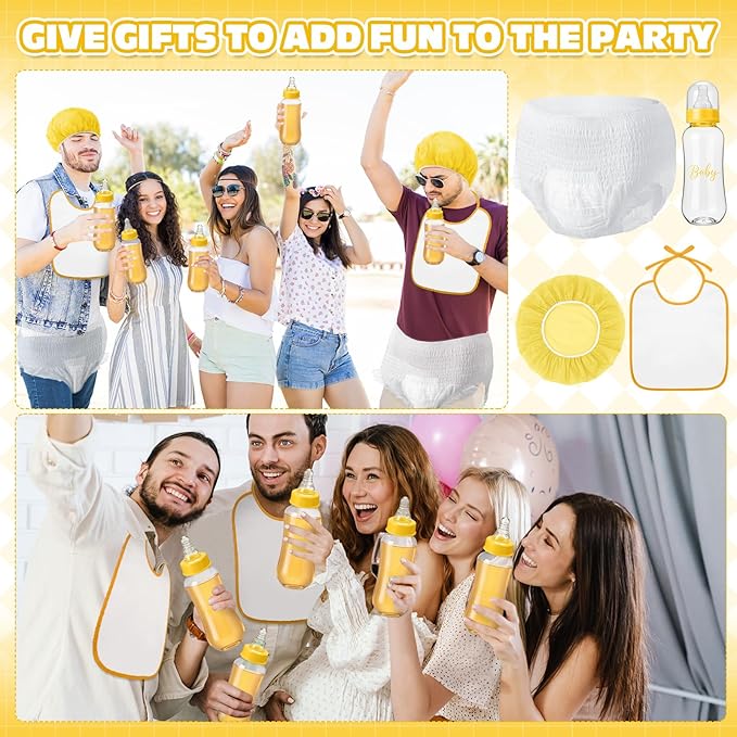 6 Sets Bottle Chug Baby Shower Games Juegos Para Plastic Baby Bottles Bibs Hat Disposable Diapers Gender Reveal Games Baby Changing Diaper Race Game Decoration (Yellow)
