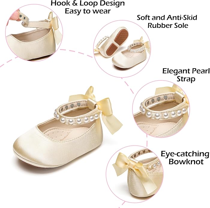 Baby Girls Mary Jane Flats - Infant Newborn Walking Shoes Soft Rubber Sole Princess Wedding