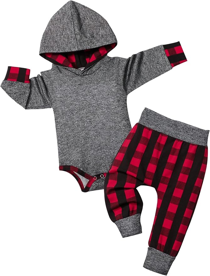 Fommy Newborn Baby Boy Clothes Plaid Letter Print Long Sleeve Hoodies + Long by Fommy