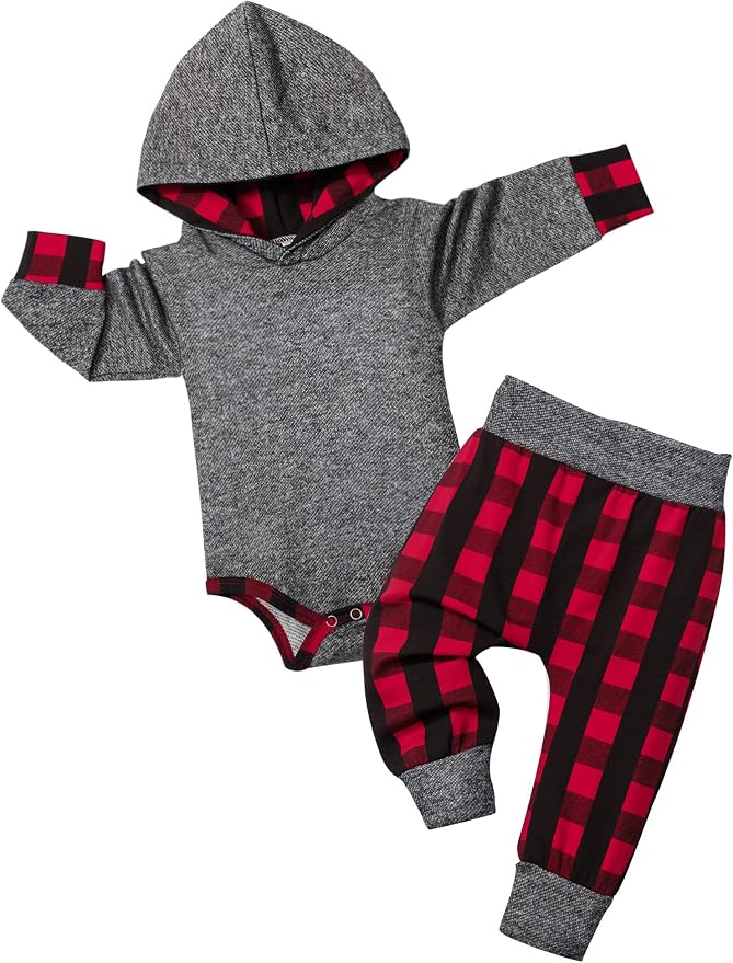 Fommy Newborn Baby Boy Clothes Plaid Letter Print Long Sleeve Hoodies + Long by Fommy