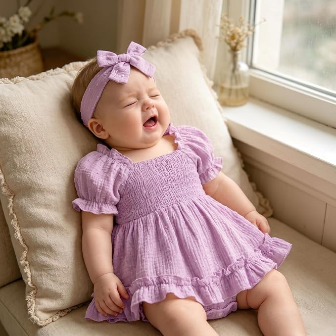 GRNSHTS Baby Girl Romper Dress, Puff Sleeve Smocked Outfit - Image 4