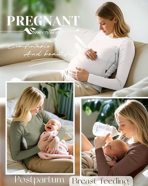 4 Pack Women's Nursing Breastfeeding Tops, Long Sleeve Maternity Shirts Loose Fit Hidden Zipper Pregnancy Clothes