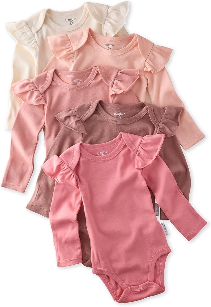 Butterblu Ashley 5-Pack Long Sleeve Ruffle Shoulder Bodysuits 100% Cotton | by Butterblu