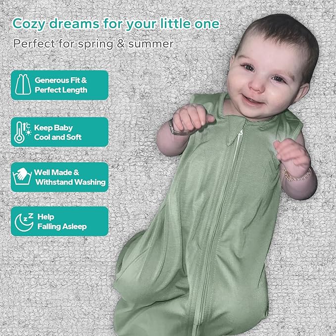 Rayon Made from Bamboo Sleep Sack, 0.5 TOG Wearable Blanket Baby, Lightweight Stretchy Sleep Sack 0-6 Months, Green