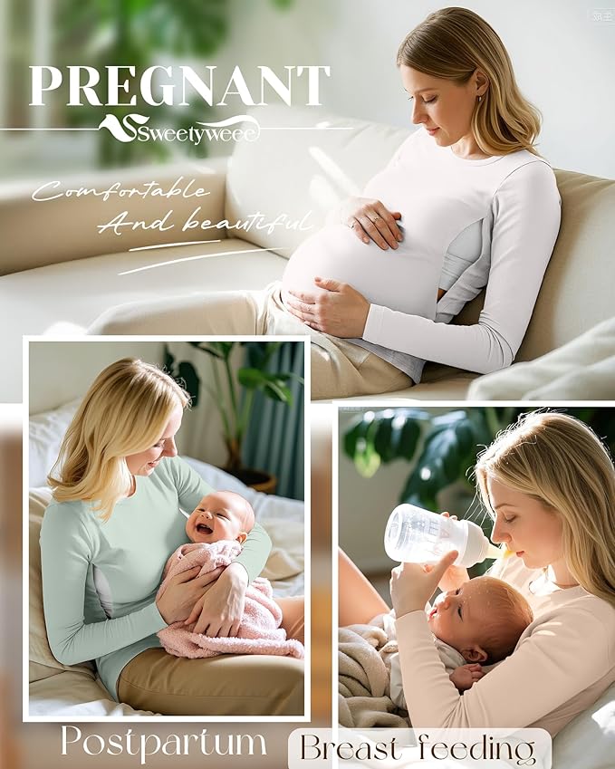 4 Pack Women's Nursing Breastfeeding Tops, Long Sleeve Maternity Shirts Loose Fit Hidden Zipper Pregnancy Clothes