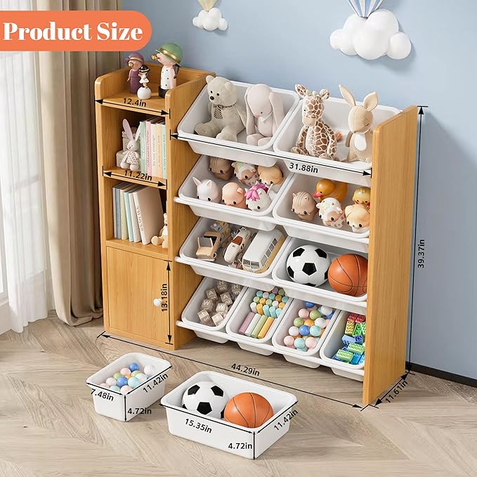 Toy Storage Organizer with 3 Shelves 1Lockers and 10 Bins, Toy Organizers Storage Bookshelf, Kids Bin Shelf Toys Box Bookcase for Bedroom Playroom Organization Room Decor - 100% Solid Wood