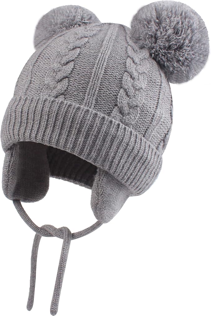 Duoyeree Toddler Winter Hat, Earflap Double Pom Pom Knit Beanie 0-36M - Image 2