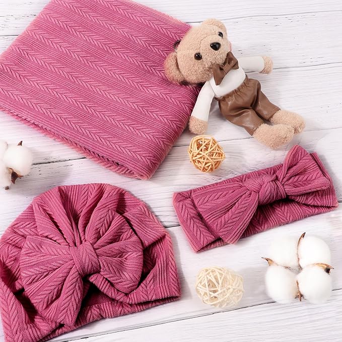 AQOKKA Newborn Receiving Blanket Wheat Ear Bow Hat Hairband Set - Image 5