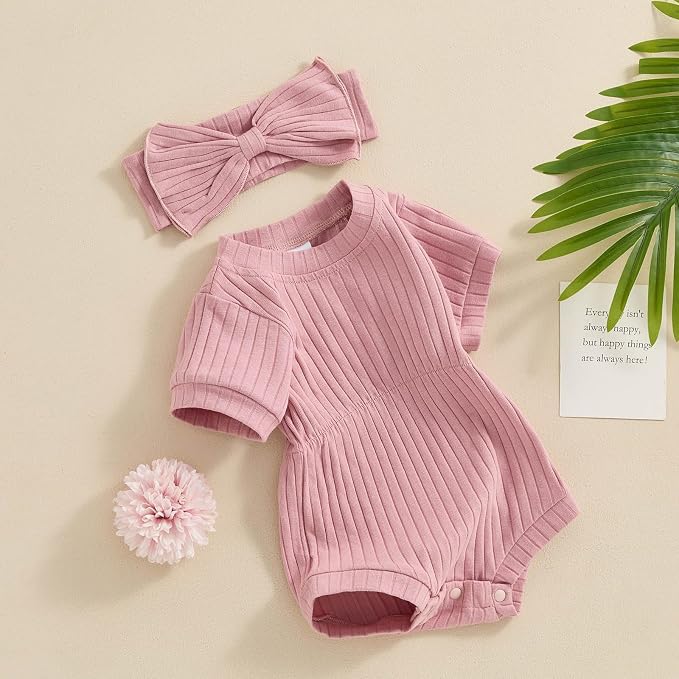 FOCUSNORM Baby Girl Summer Clothes Ribbed Short Sleeve Romper Solid Color - Image 3