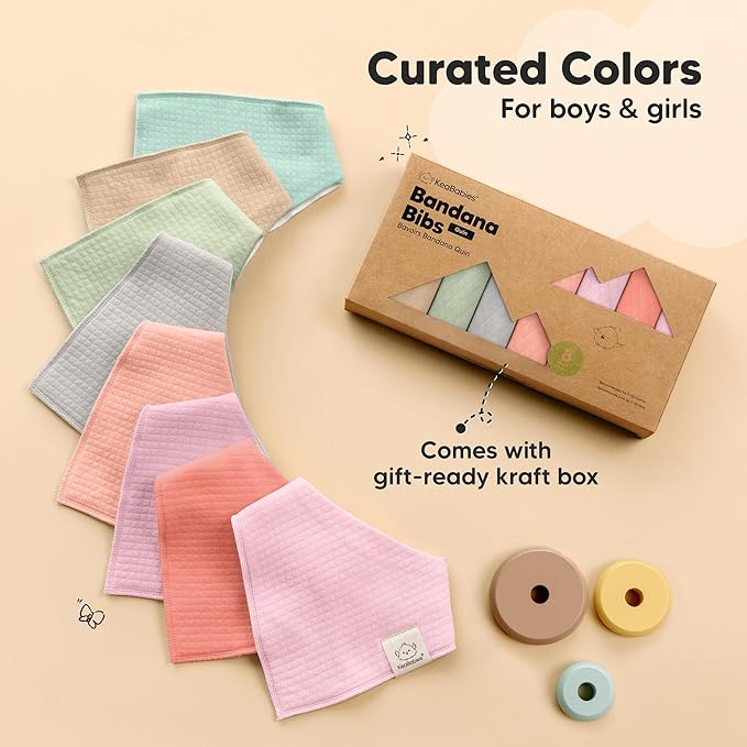 KeaBabies 8-Pack Bandana Bibs for Baby Girls, Boys - Organic Cotton Baby Bibs for Drooling & Teething Newborn, Toddler, Infant 0-36 months, Extra Soft, Absorbent Cloth with Snaps (Muted Pastel/Quin)