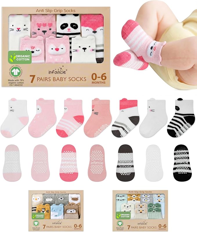 GOTS Organic Cotton Blend 7 Baby Socks 0-6 Months Animal Design Non Slip by Infancie