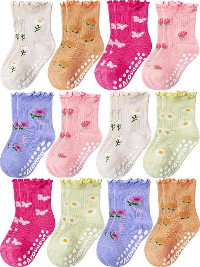 Baby Toddler Girls Socks Grip Ruffle Non Slip Kids Cotton 12 Pack Socks | by Aroveea