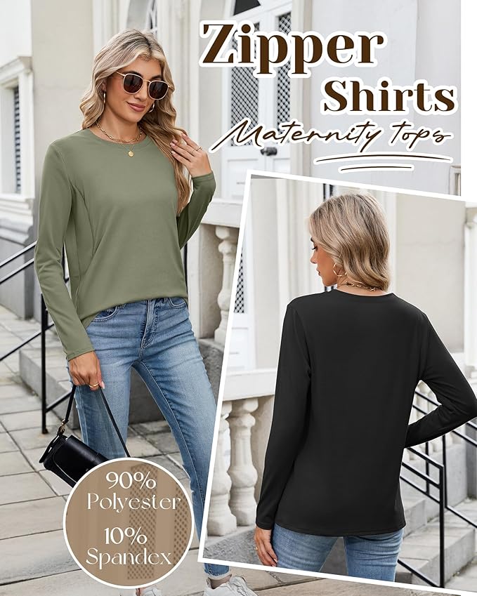 4 Pack Women's Nursing Breastfeeding Tops, Long Sleeve Maternity Shirts Loose Fit Hidden Zipper Pregnancy Clothes