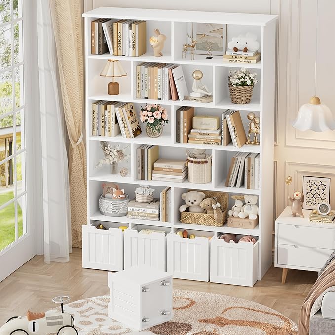 FINETONES 69" H Toy Storage Organizer, 6 Tier Tall Kids Bookshelf with 4 Movable Drawers and 12 Storage Cubbies, 49.4" W Toy Organizers and Storage Organizer Playroom Storage for Kids Room