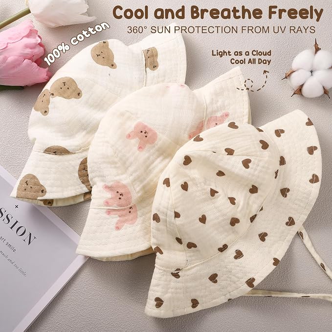 3 Pcs Baby Sun Hat Muslin, Baby Bucket Hat | UPF 50+ Sun Protection, Adjustable - Image 2
