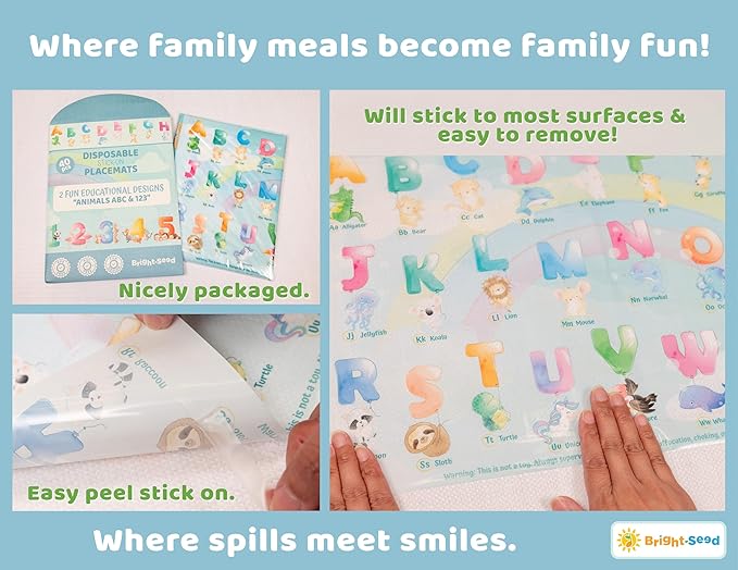 Disposable Placemats for Baby, Toddlers and Kids, 40 Disposable Baby Placemats for Restaurant, Dining Table & Travel, Learning Placemats for Kids, Toddler Travel Essential, Animals ABC & Numbers