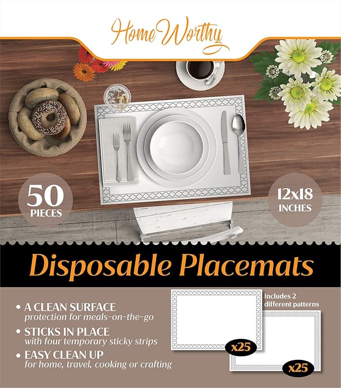 White Disposable Placemats for Baby, Kids, Toddler, Children, Adults - Neat and Sticky Plastic Placemat Table Topper Solutions for Restaurant, Schools, Crafts, or Travel Mats - 40 Pack