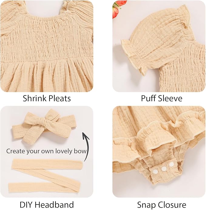 GRNSHTS Baby Girl Romper Dress, Puff Sleeve Smocked Outfit - Image 5