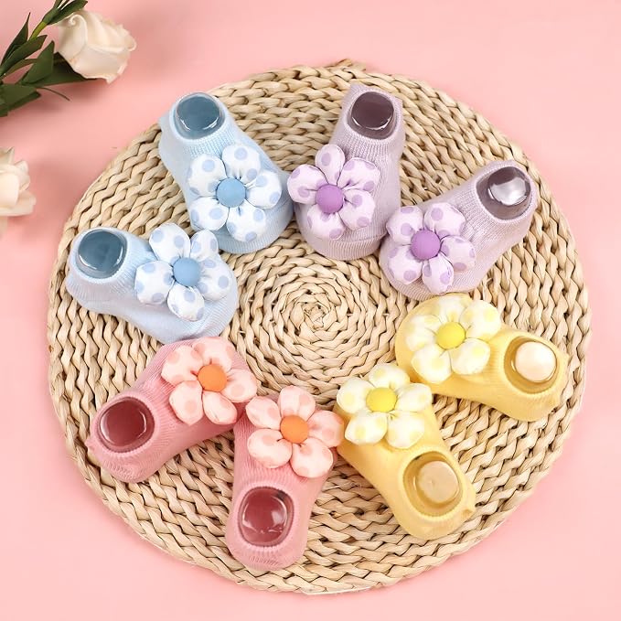 4Packs Baby Girls Socks, Flower Non-Slip Grips - Image 3