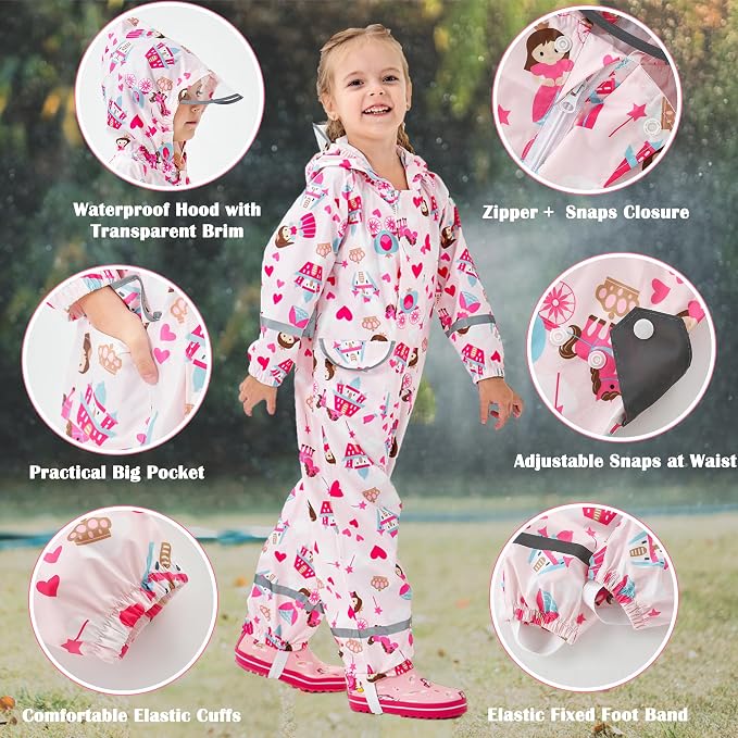Fewlby Kids Toddler Rain Suit for Boys Girls One Piece Hoodie Zipper Cartoon - Image 2