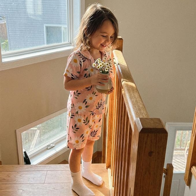 Kuriozud Toddler Baby Girl Pajamas Set Summer Floral Short Sleeve Button Down - Image 3