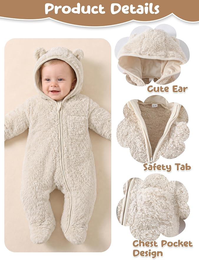 Jecson Baby Snowsuit Newborn Bear Hooded Fleece Outfit Baby Clothes 0M-12M - Image 4