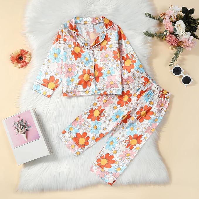 Kids Baby Girl Boy Satin Pajamas Set Button Down Sleep Shirt Top+Long Pants - Image 3