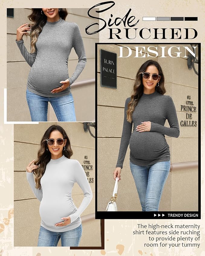 4 Packs Womens Maternity Shirts Long Sleeve Cotton Ribbed Pregnancy Mock Neck Side Ruched Workout Tops for Mama