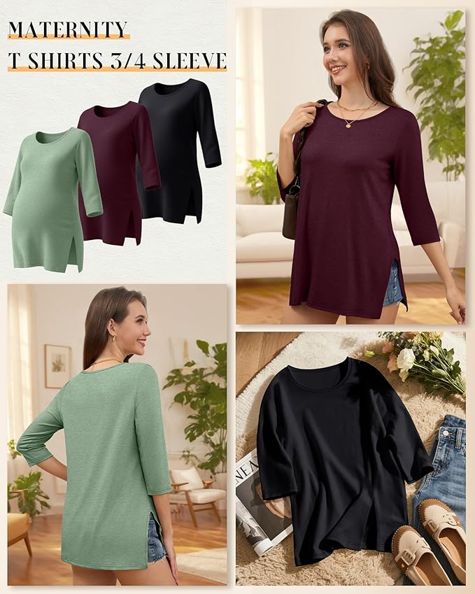 3 Pack Women's 3/4 Sleeve Maternity Shirts Elbow Length Clothes Round Neck Tunics Pregnancy Loose Side Split Tops