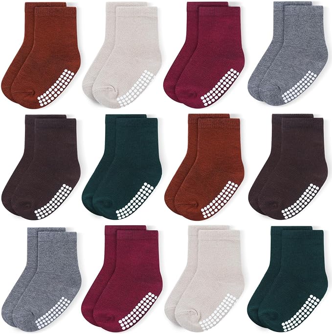 Baby Toddlers Crew Socks with Non-Slip Grip 12 Pack Cotton Stretch Socks | Soft by JAKIDAR