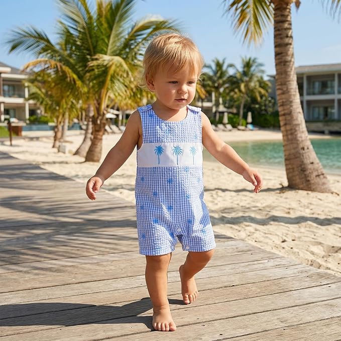 Newborn Baby Boys Sleeveless Seersucker Romper One Piece Straps Overalls - Image 7