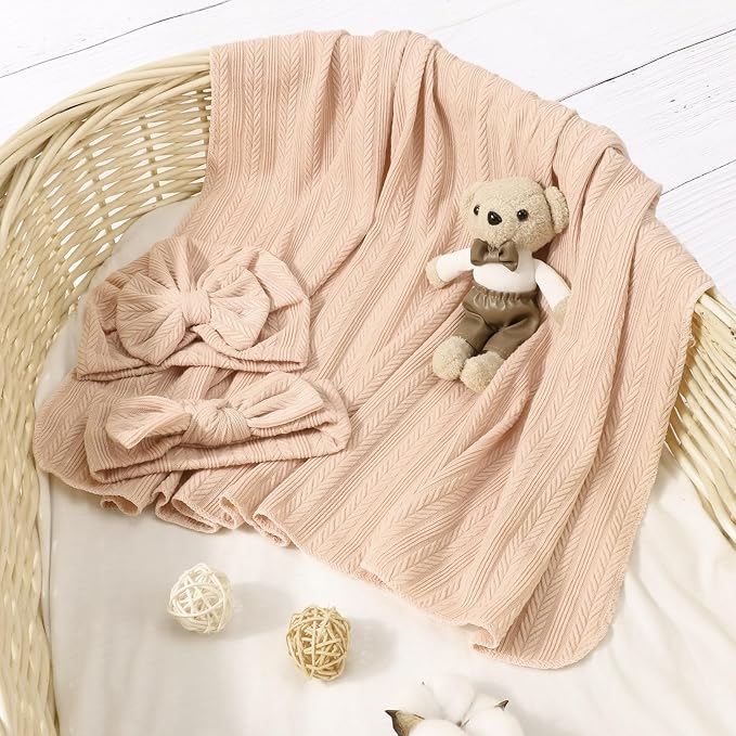 AQOKKA Newborn Receiving Blanket Wheat Ear Bow Hat Hairband Set - Image 4