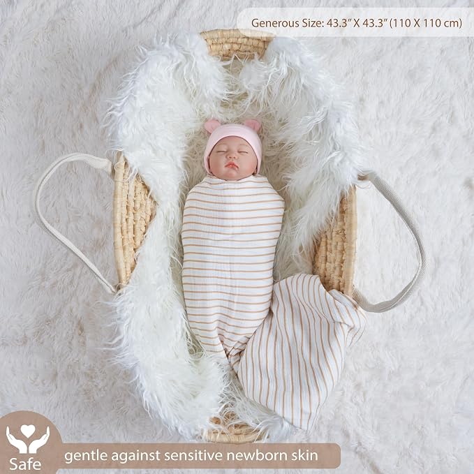 Meracorallo Muslin Swaddle Blanket, 100% Cotton, Neutral Stripe | Soft - Image 2