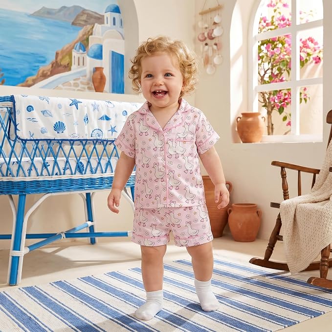 Kuriozud Toddler Baby Girl Pajamas Set Summer Floral Short Sleeve Button Down - Image 2
