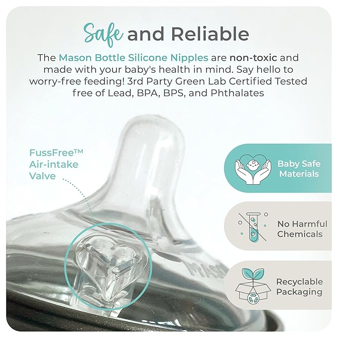 Mason Bottle Slow Flow Nipples (0–3 Months) – Silicone Baby Bottle Nipples, Fits Any Regular-Mouth Mason Jars – Wide Natural Shape, BPA-Free, Non-Toxic, Made in USA (2-Pack)